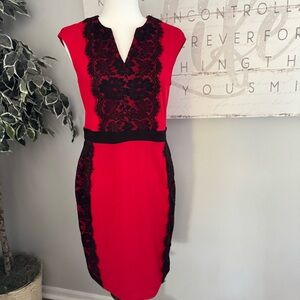 Danny And Nicole Dress Womens 8P Red Black Lace Sheath Cap Sleeve Cocktail Party